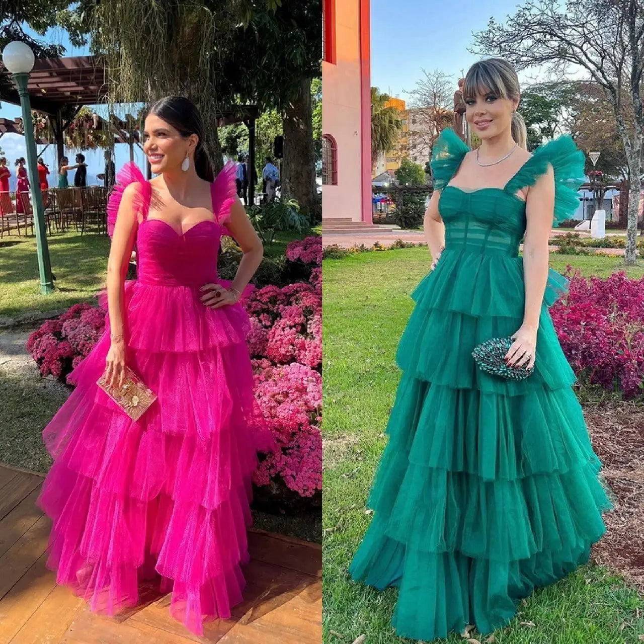 Green & Fuchsia Ruffled Straps a Line Evening Dresses for Women Wedding Party Layered Tulle Formal Prom
