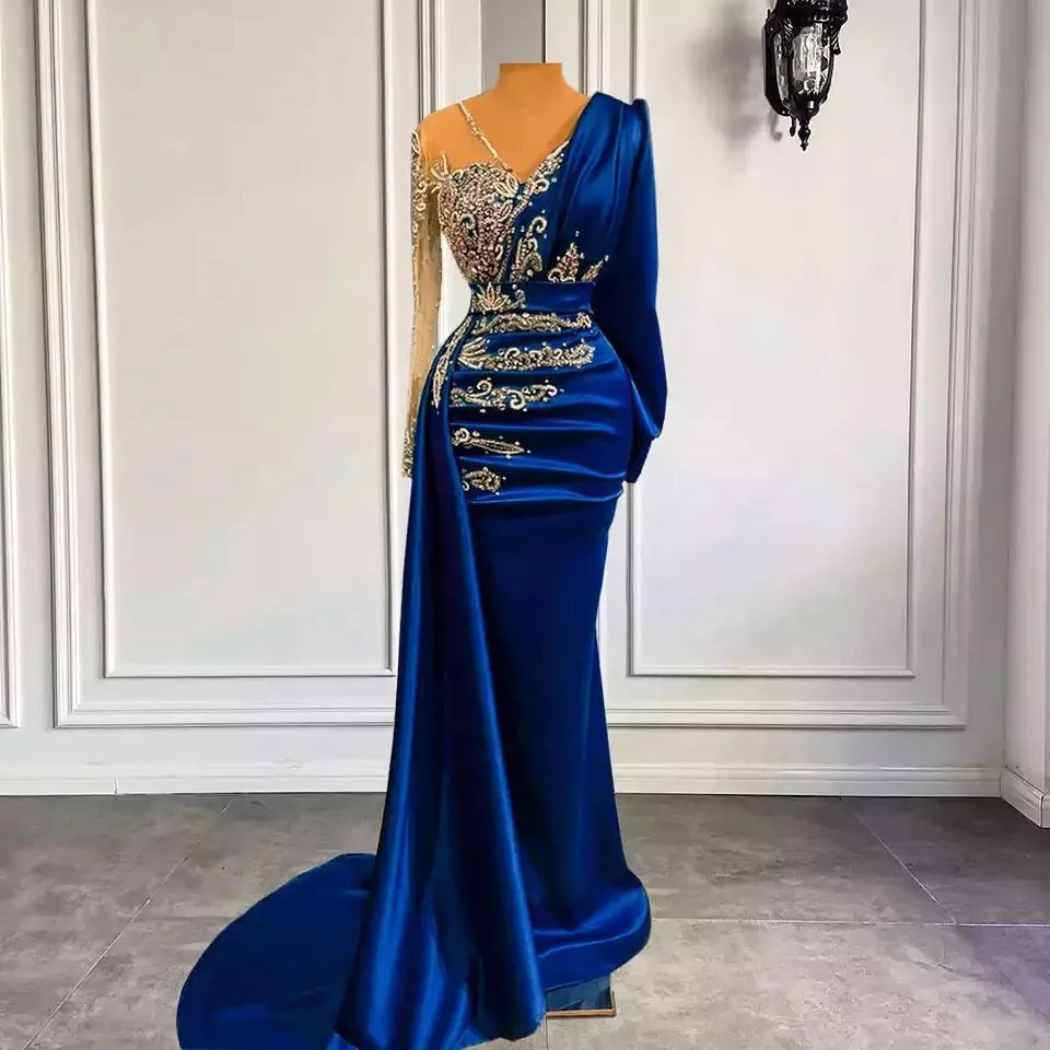 Blue High Quality Mermaid Long Sleeve Satin Evening Dresses Gowns 2022 Beaded Elegant for Women Party Dresses