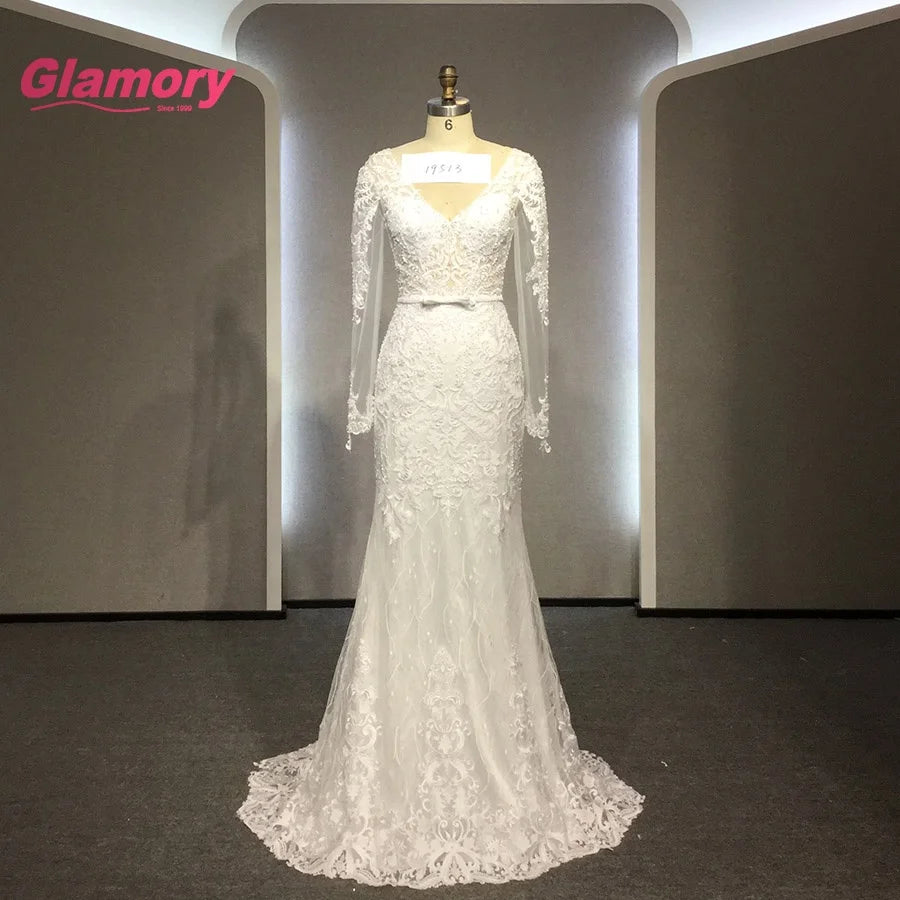 2021 New Long Sleeve Wedding Dresses V-Neck Mermaid Beading Gown Appliques Lace Bridal Dress With Detachable Skirt