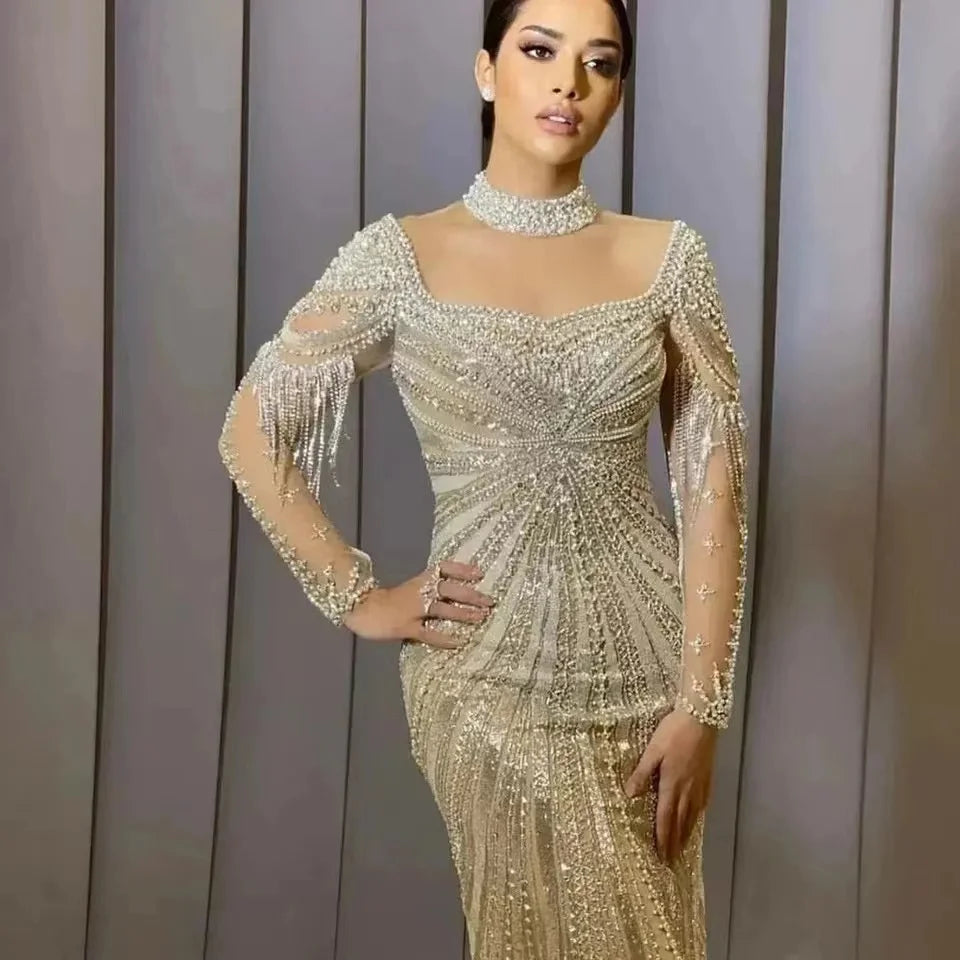 New Arrival Wholesale Muslim Hot Selling Beaded Tassel Mermaid Dubai Arab Ladies Evening Dress Gowns Wedding Party