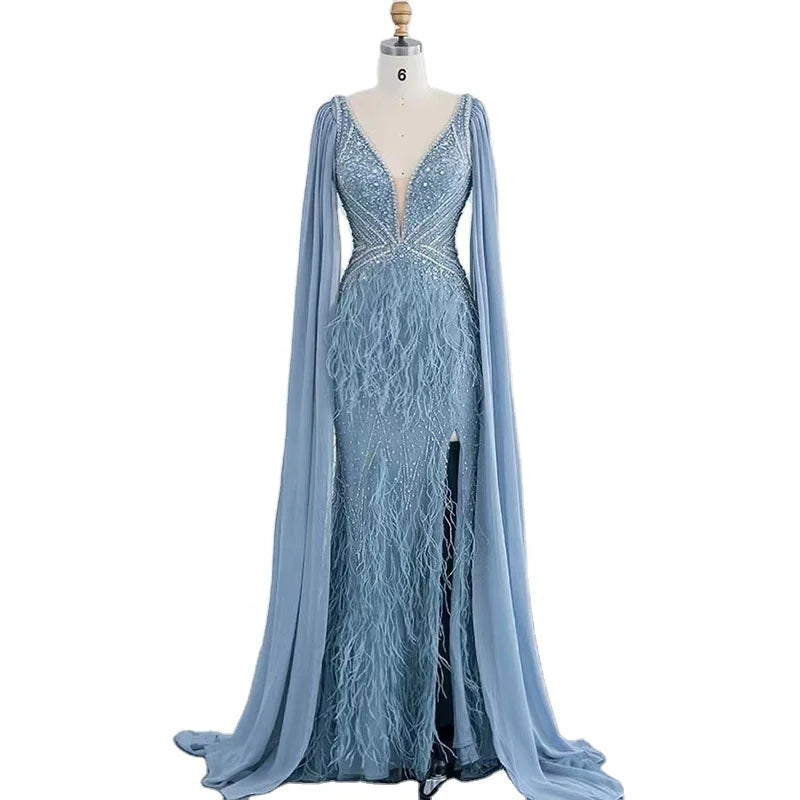 Blue Mermaid Cape Sleeves With  Feather V Neck Evening Dresses Beaded Party Gowns for Women