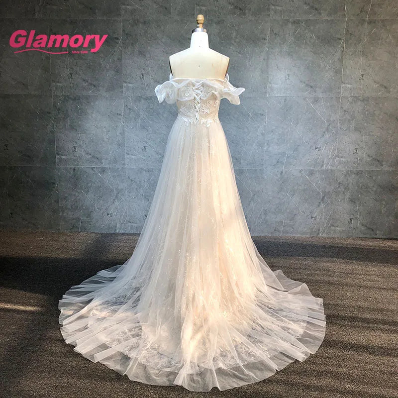 Sexy Off Shoulder A-line Beach 3D Lace a Line Garden Wedding Gown Dress Bridal