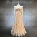 Elegant Floral Tulle Prom Dresses Long Sleeves Lace Appliques Flowers A-Line Evening Gown Formal Party Dress