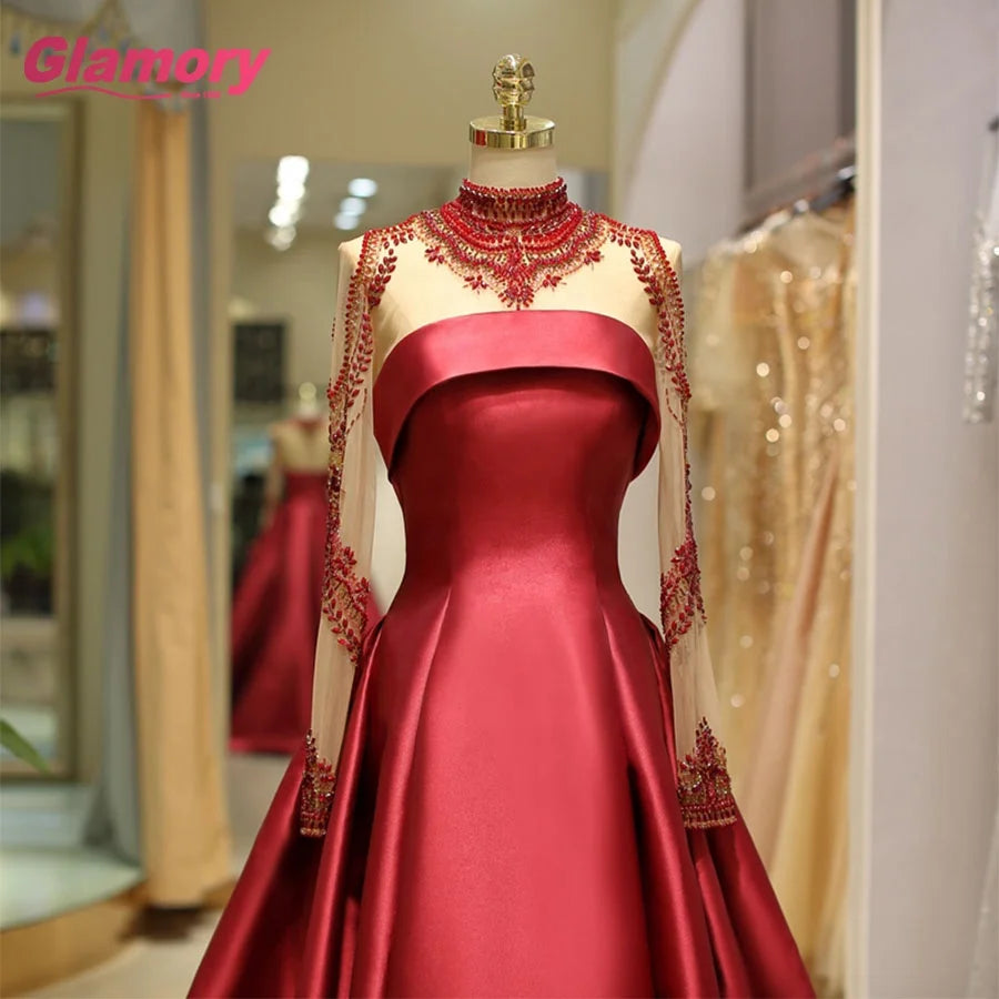 Turkey Luxury Formal Long Sleeve High Neck Burgundy Satin Party Evening Dress