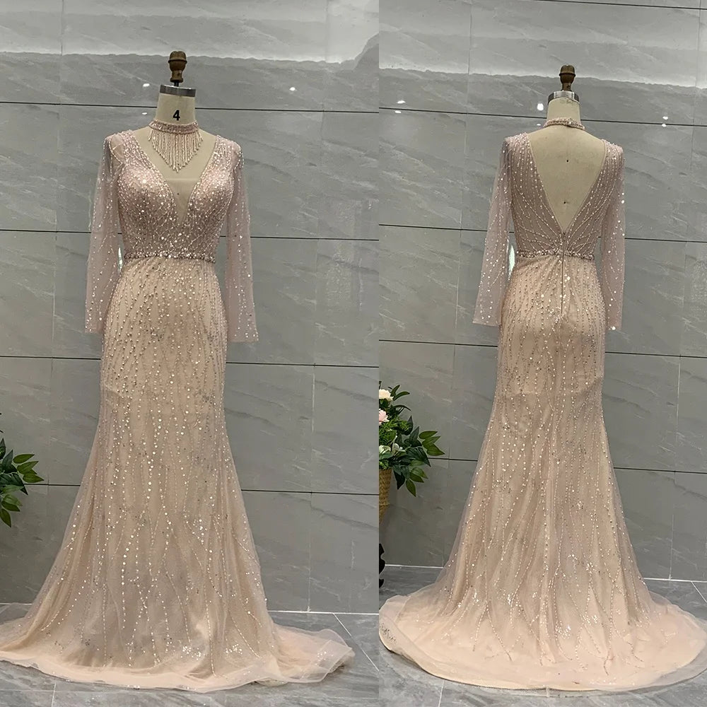 Pink Party Dresses Long V-neck Long Sleeve Sexy Rhinestone Slim Fit Elegant Gown