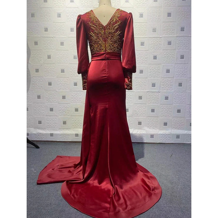 Modest Long Sleeve Handmade Beaded  Ruffle Satin Party Elegant Mermaid Party Evening Dress for Woman