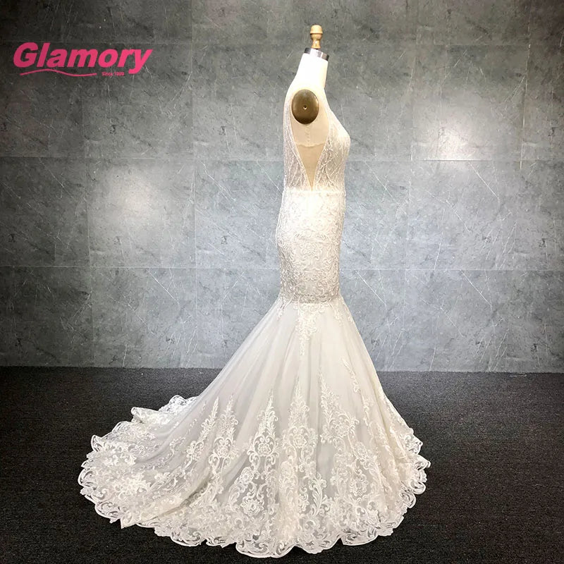 Sexy V-Neck Mermaid Bridal Gowns Heavy Beaded Lace Appliques High Quality Wedding Dress for Bride