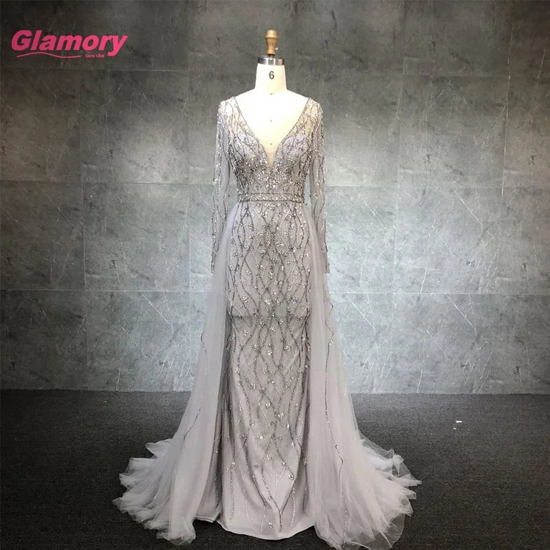 Hot Sale New Design Tulle Prom Dress Long Sleeve  Evening Dresses With Crystal Beading