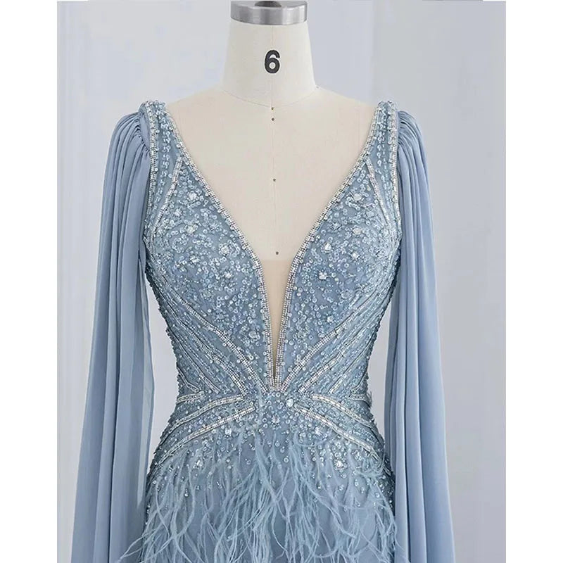 Blue Mermaid Cape Sleeves With  Feather V Neck Evening Dresses Beaded Party Gowns for Women