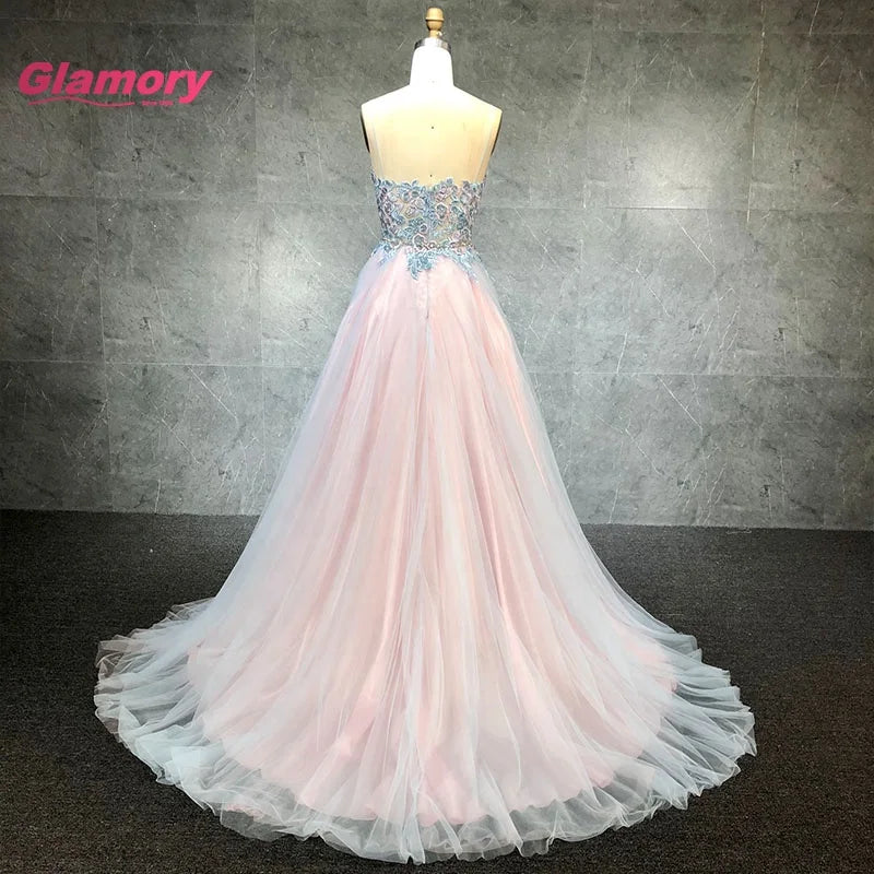 Latest Designs Flower Embroidery Prom a Line Spaghetti Strap Hot Drill Dress Long Formal Evening Gowns