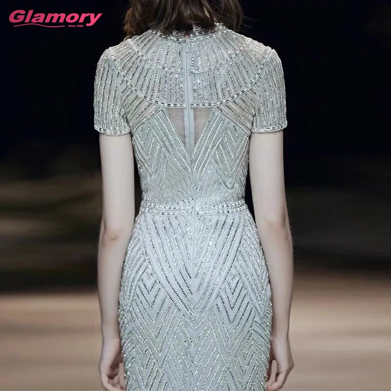 Luxury Beaded Formal Gowns Short Sleeves Trumpet Evening Gown for Muslim Evening Dress