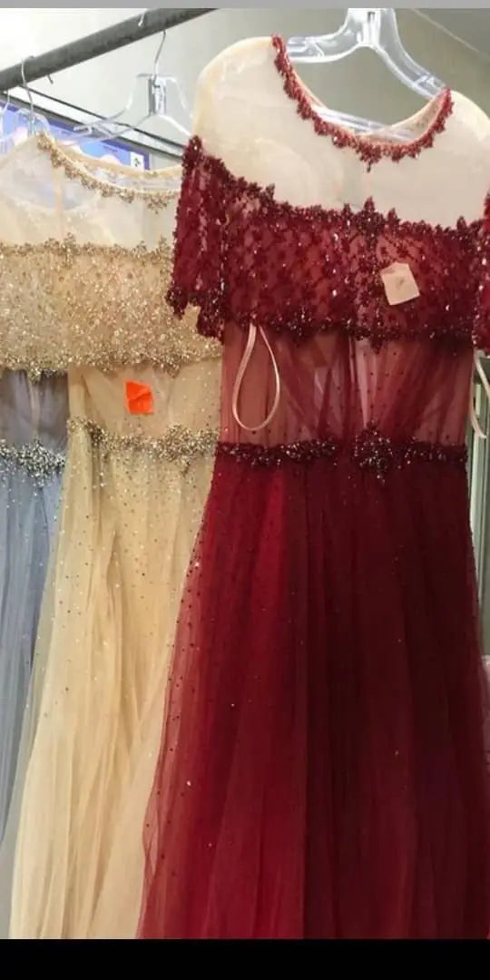 Hot Sale Evening Dresses Light Blue Short Sleeve a Line Party Wear Crystal Beaded Tulle Sexy Prom Dress