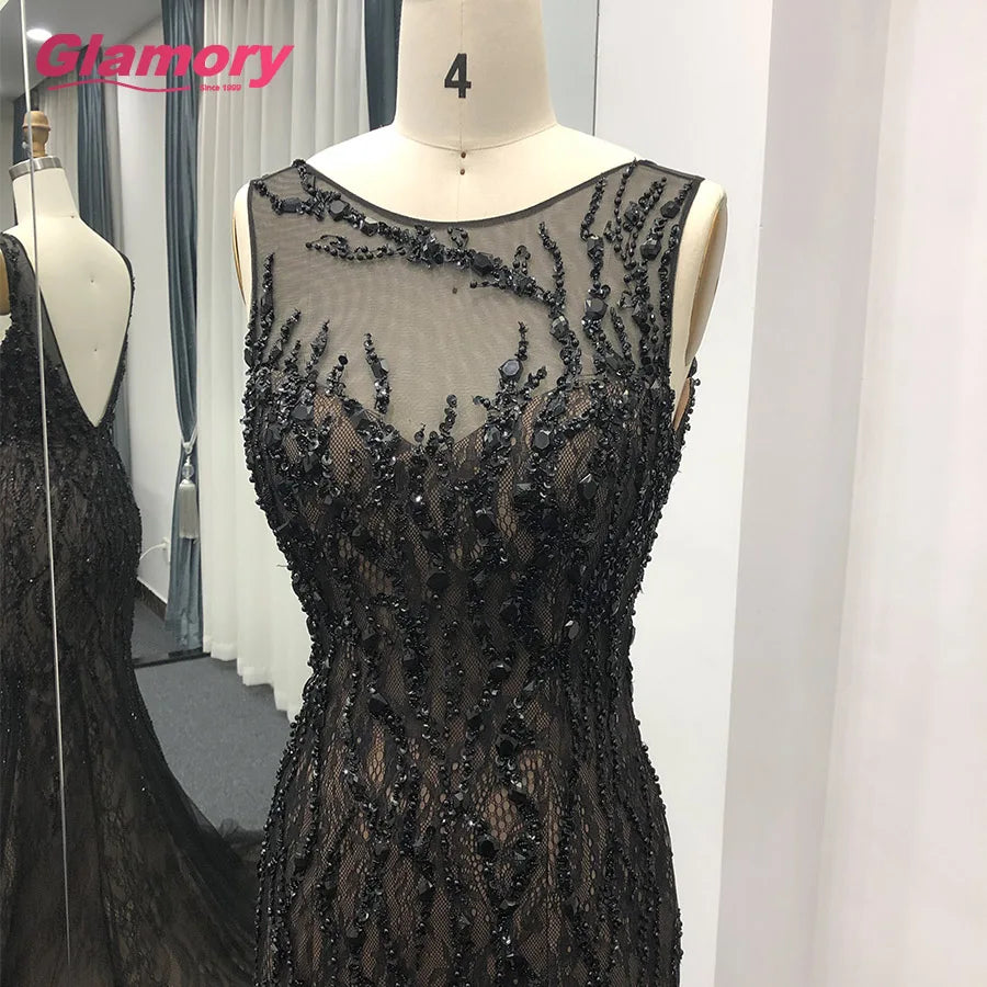 Black Long Patterns of Lace Low Backless Dress With Beads Mermaid Formal Evening Dresses