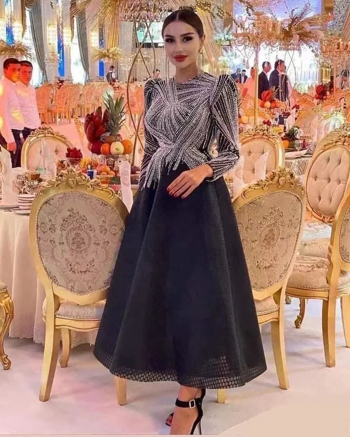 Black Midi Evening Dresses O Neck Long Sleeves  a Line Beaded Ladies Formal Party Gowns