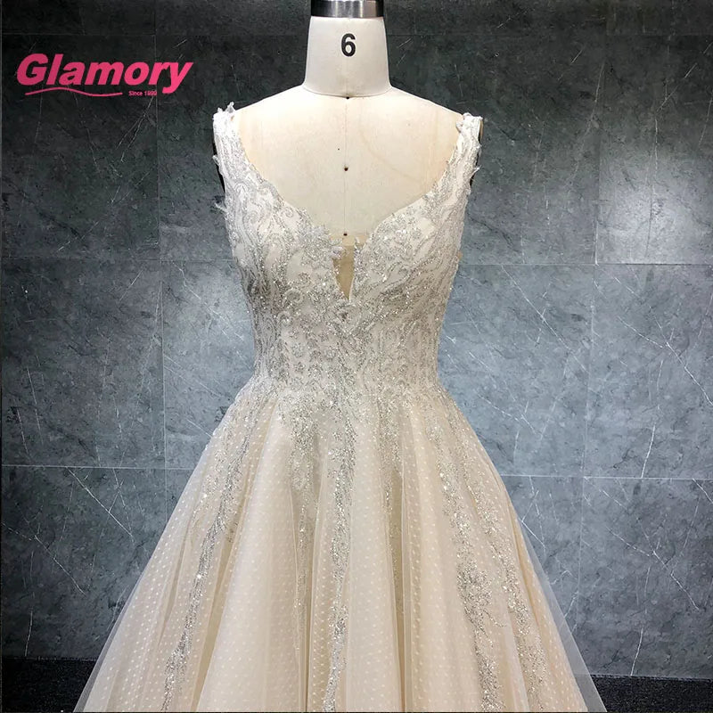 Luxury Champagne Wedding Princess Lace Appliqued Plus Size Sleeveless Ball Gown Bridal Dress