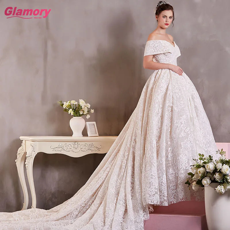 Newest Breast Wedding Dress With Train Gorgeous Lace Luxury Long Off Shoulder Wedding Dress