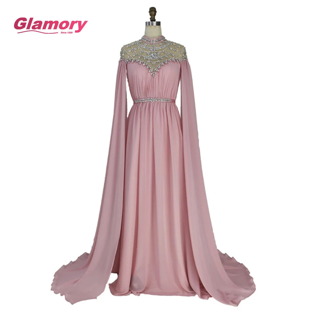 Cheap Dresses Kaftan Abiye Black Evening Dress Long Sleeves Beaded Crystal Chiffon Formal Gown Women Elegant Vestido Robe