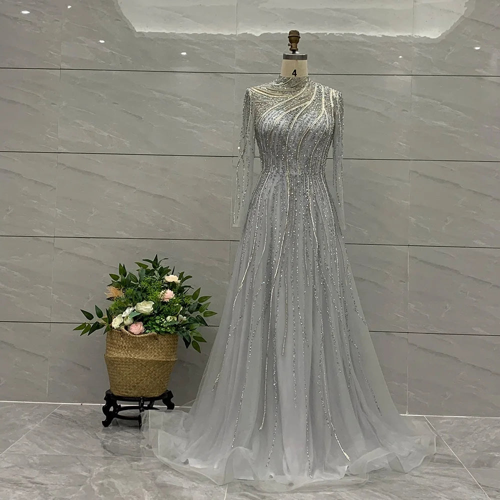 2020 New Arrival Long Sleeve Evening Dresses High Neckline Beaded Fancy Party Evening Gown for Women