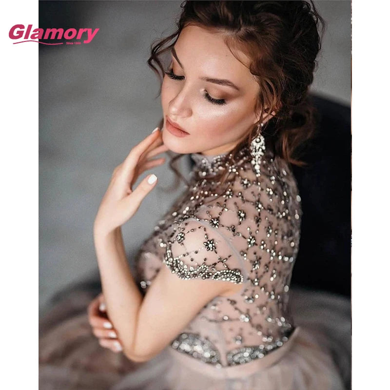 Gray High-neck Formal Woman Prom Beautiful Sexy Illusion Hand-beading Sleeveless a Line Evening Dress
