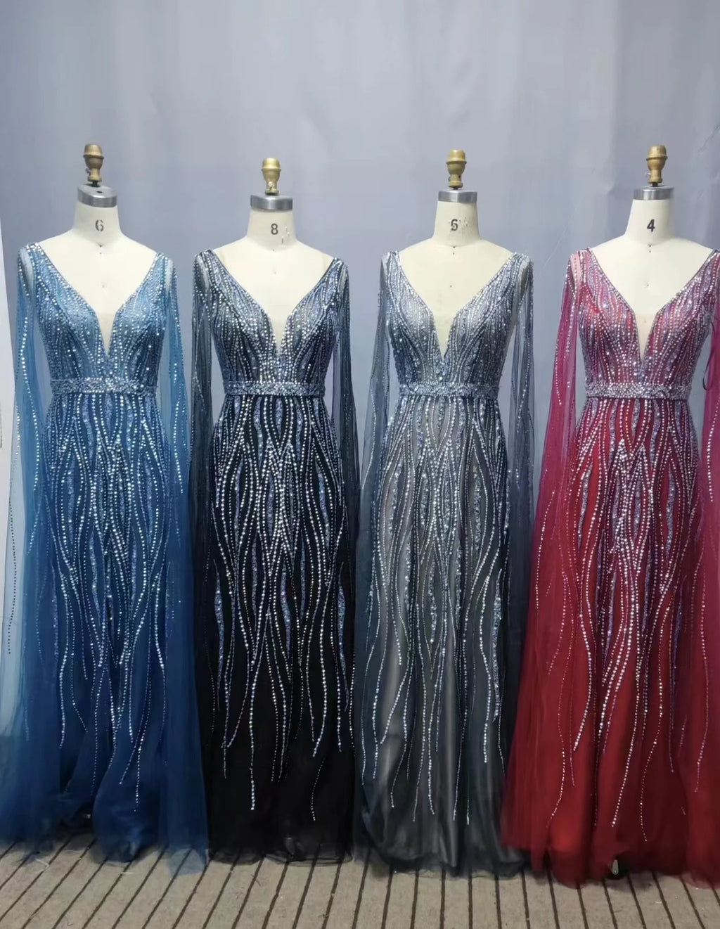 Luxury Dubai Black Arabic Evening Dress With Cape Sleeves Elegant Blue Red  Grey Women Wedding Formal Party Gown