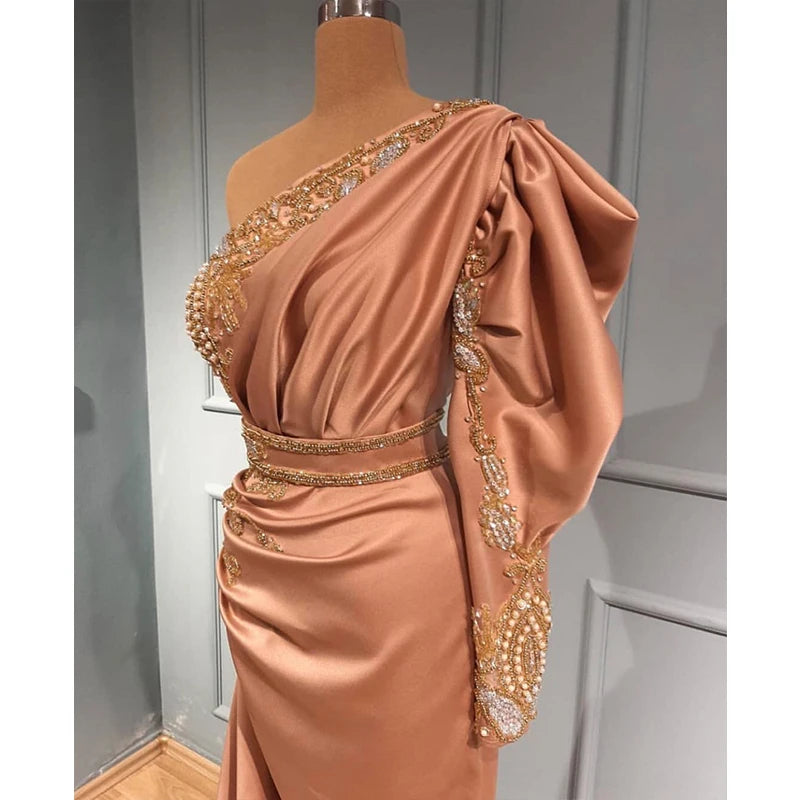 New Custom Luxury Handmade Beading With Pleated One-shoulder Women Wrap Dresses Sexy Satin Evening Dresses