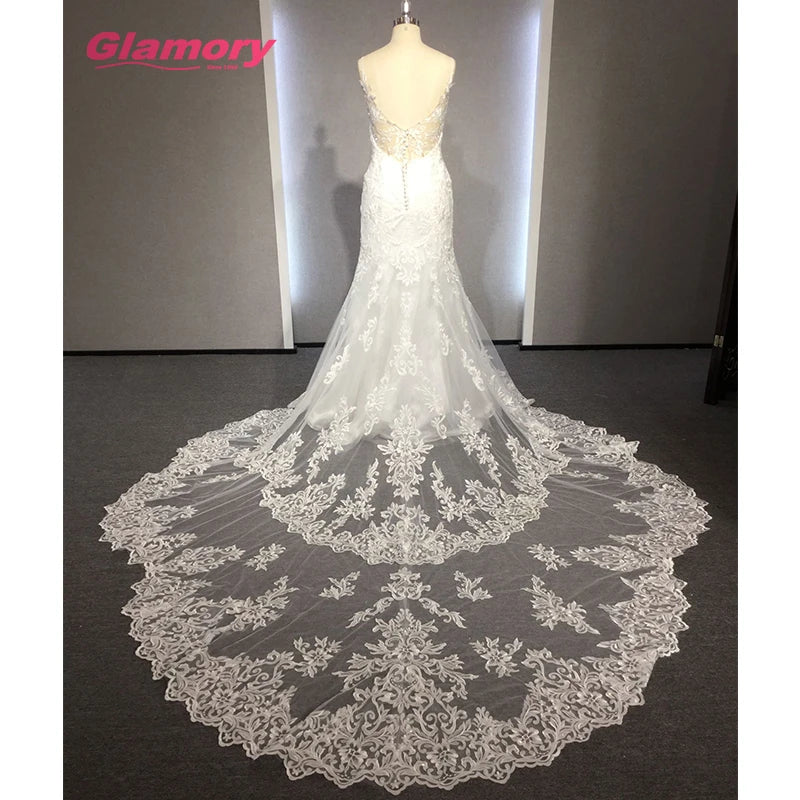 White Marriage Lace Fabric Bride Gown Spaghetti Straps Tulle Mermaid Wedding Dress Made in Chaozhou