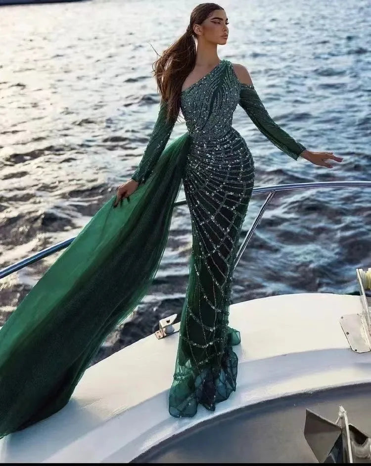 NEW 2023 One Shoulder Luxury Dubai Evening Dress Arabic Mermaid Prom Formal Dress for Wedding Party