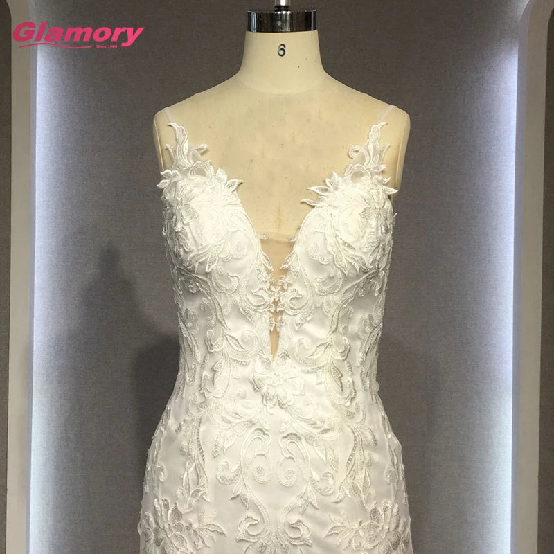 White Marriage Lace Fabric Bride Gown Spaghetti Straps Tulle Mermaid Wedding Dress Made in Chaozhou
