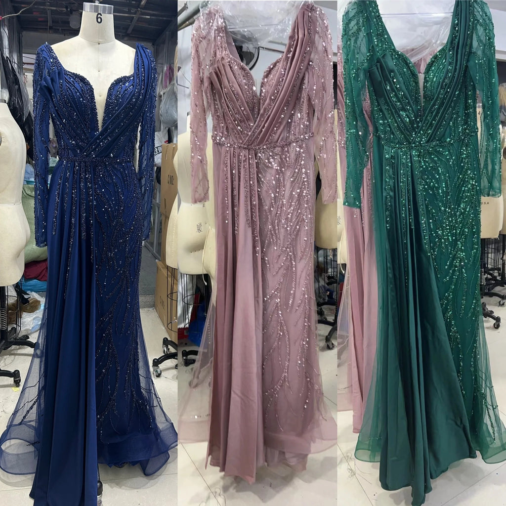 Wholesale Green V-neck Mermaid Beaded Evening Dresses Gowns 2024 Luxury Elegant Satin for Women Party