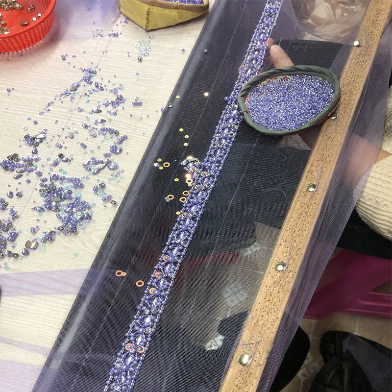 2020 New Design Ball Gown O-neck Satin Purple Crystal Beading Evening Dresses