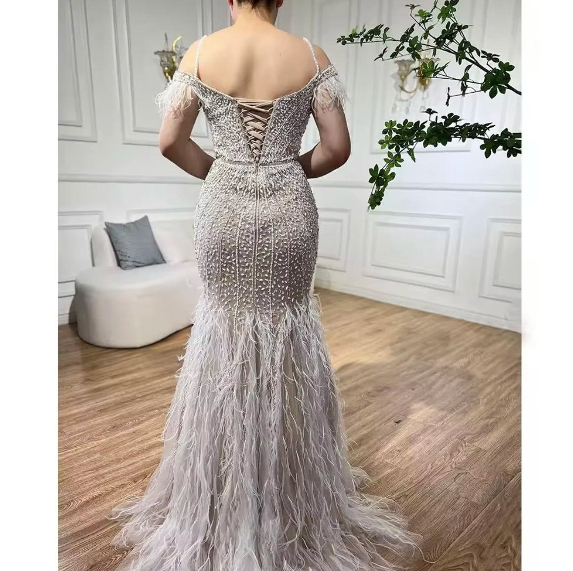 Luxury Feather White Nude Prom Evening Dresses Elegant Long Women's Wedding Party Dress