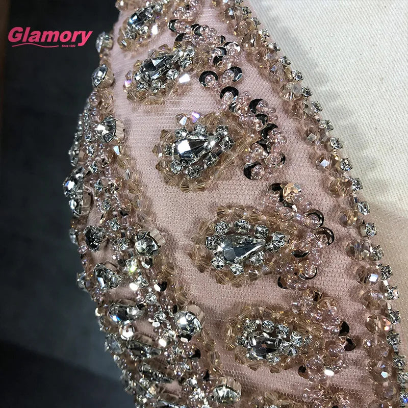 Elegant Champagne Mermaid Dress Shiny Crystal Beaded Sexy V-neck Party Evening Prom Formal Long Dresses for Women