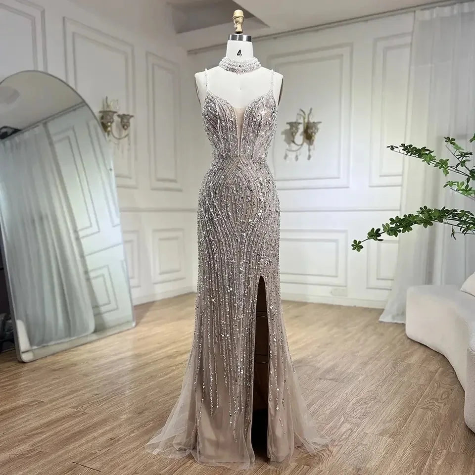 Caramel Mermaid Spaghetti with Split Strap Beaded Evening Dresses Prom Gowns Customize Party 2025