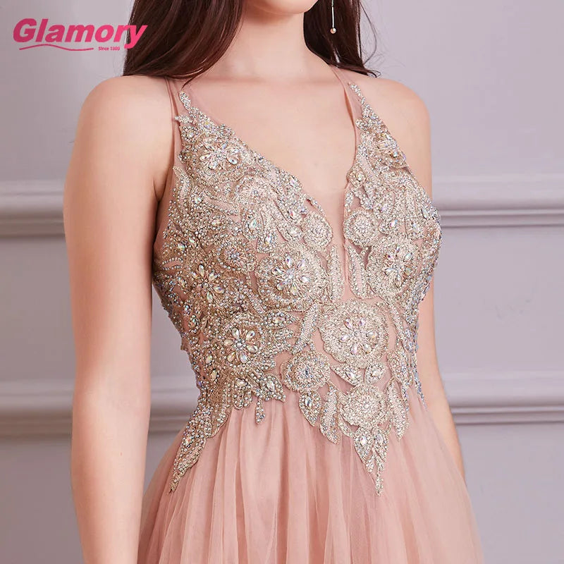 Women Dresses Glamorious Bling Lace Ball Gown V-neck Floor-length Tulle Evening Dress