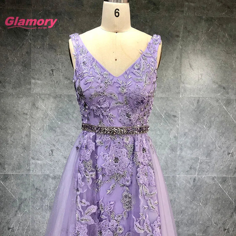 Lavender V Neck Embroidered Ball Gowns Beaded Belt A-Line Ladies Evening Dress Luxury Prom Dresses for Party