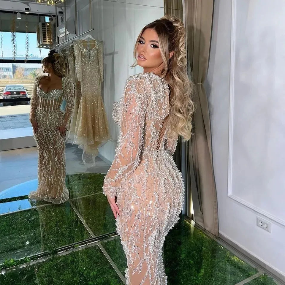NEW 2024 Dubai Luxury Pearls Beaded Mermaid Evening Dress for Women at Wedding Party Nude Elegance