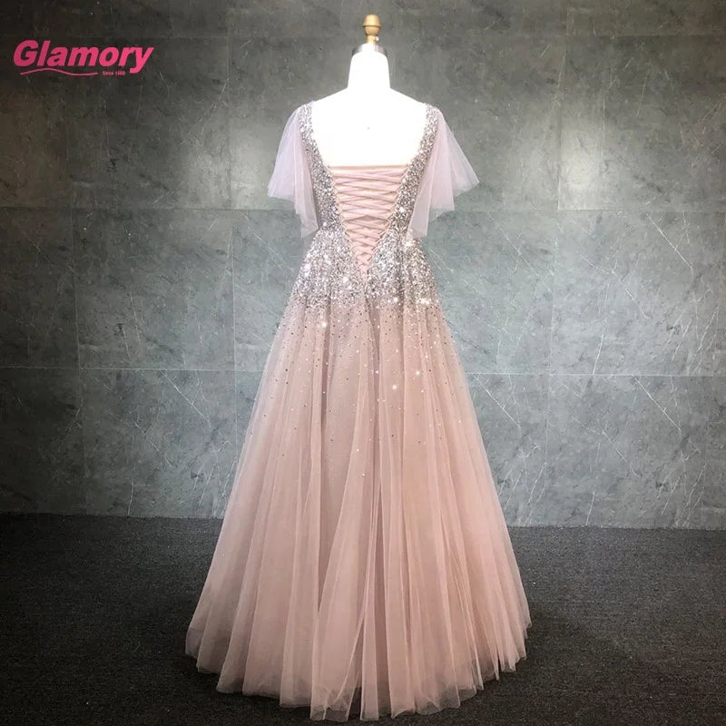 2021 New Design Pink Short Sleeve  a Line Beads Evening Sparkle Prom Dress Gowns