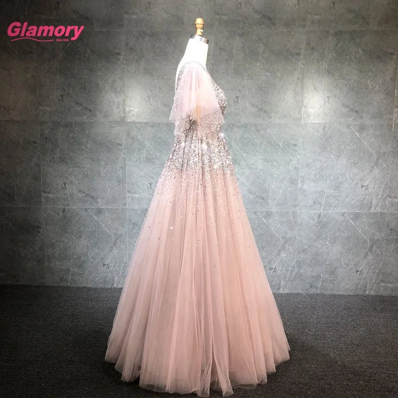 2021 New Design Pink Short Sleeve  a Line Beads Evening Sparkle Prom Dress Gowns