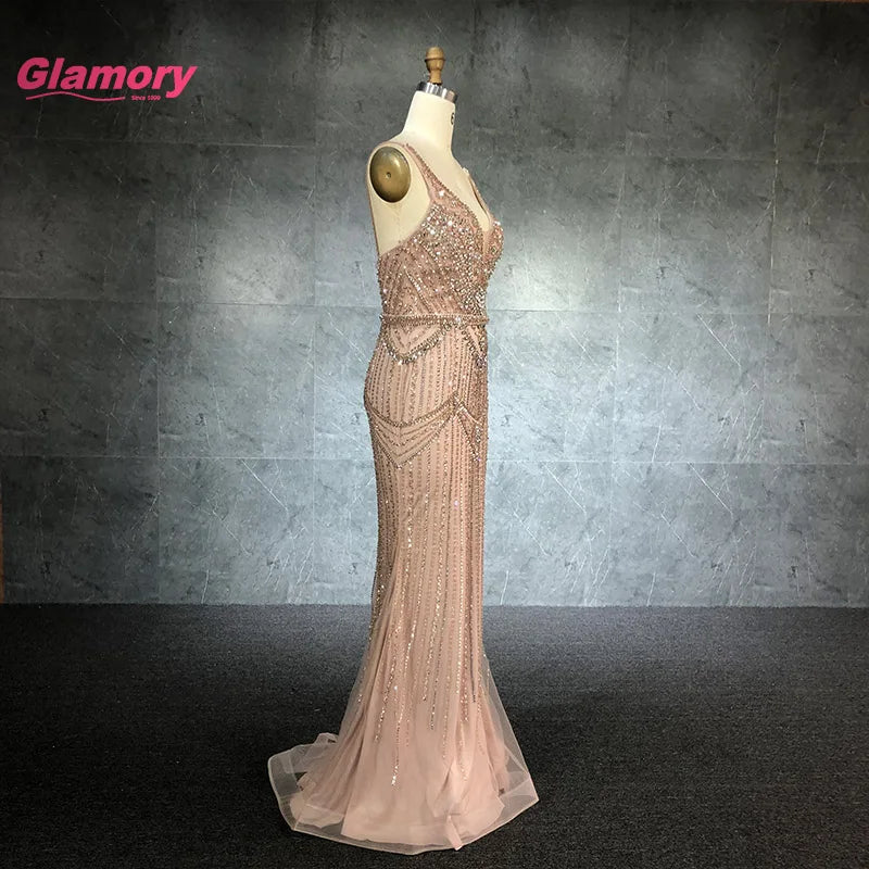 Elegant Champagne Mermaid Dress Shiny Crystal Beaded Sexy V-neck Party Evening Prom Formal Long Dresses for Women