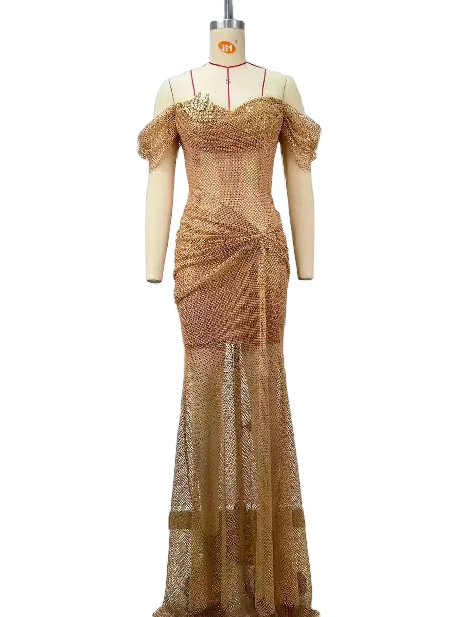 Gold Ladies' Long Floor-Length Prom Dress Sexy Sleeveless Beading Natural Waistline Breathable Party Style