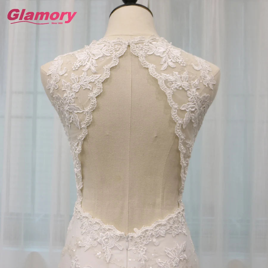 White Mermaid Vestidos De Novia Sleeveless Floor Length Beaded Dresses Lace Applique Backless Wedding Gown