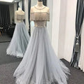 Hot Sale Evening Dresses Light Blue Short Sleeve a Line Party Wear Crystal Beaded Tulle Sexy Prom Dress