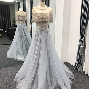 Hot Sale Evening Dresses Light Blue Short Sleeve a Line Party Wear Crystal Beaded Tulle Sexy Prom Dress