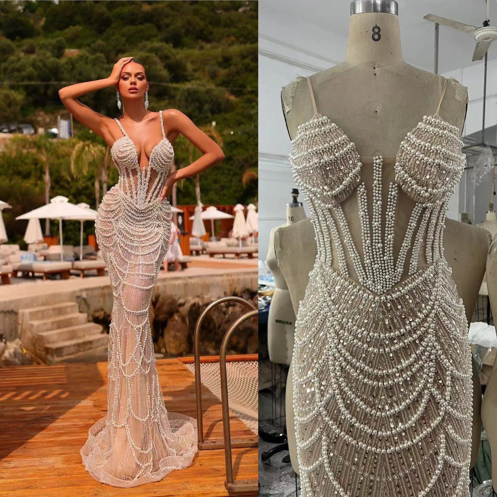 Luxury Dress Women Celebrity Party Wear Sexy V Neck Sleeve Pearl Design Spaghetti Strap Maxi Long Gown