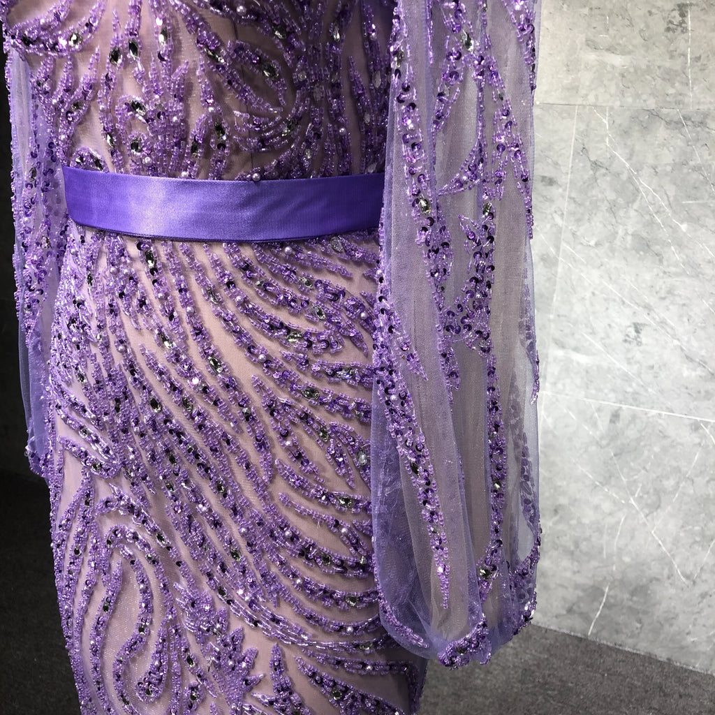 NEW Purple Mermaid Design Lady Bodycon Heavy Beading Elegant Party Long Evening Dress
