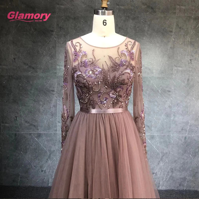Pink 2020 New Elegant Full Sleeve Tulle Heavy Beaded With Belt Sexy Open Leg Prom Dress