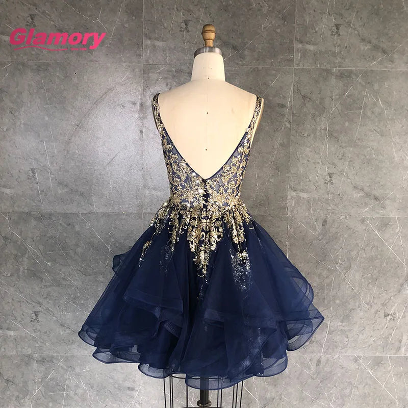ChaoZhou Factory Sexy V Neck Embroidery Navy Blue Party Dress Mini Short Homecoming Prom Dress