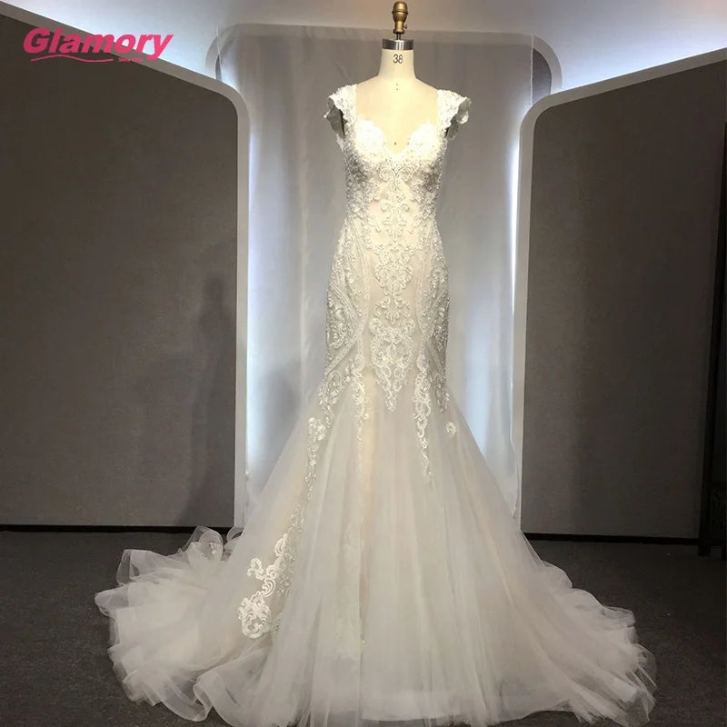2020 New Style Dress Cap Sleeve Sweetheart Fishtail Lace Bride Gown Custom Made Wedding Dresses