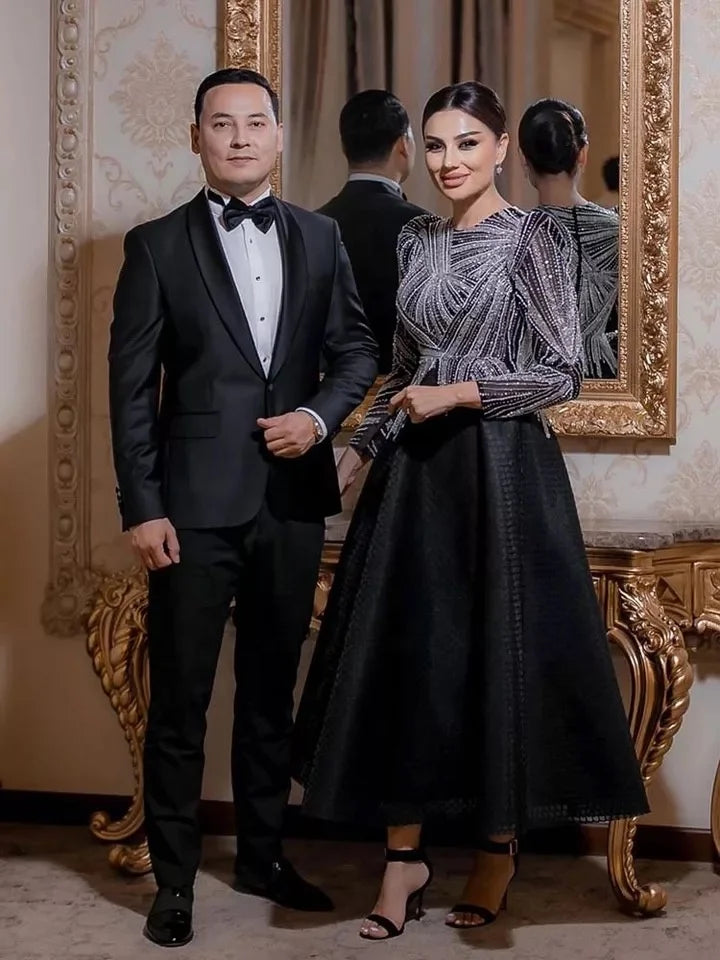 Black Midi Evening Dresses O Neck Long Sleeves  a Line Beaded Ladies Formal Party Gowns