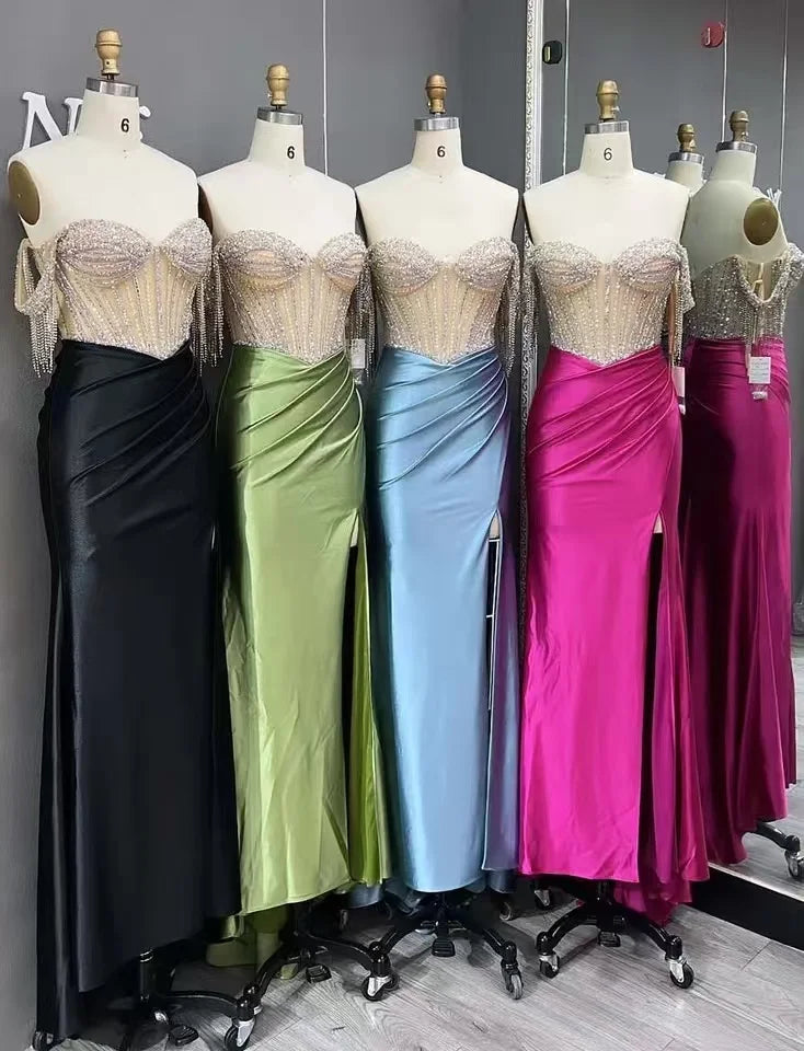 Sexy Evening Dress Off Shoulder With Tassel Elegant Beaded  Long Prom Dress